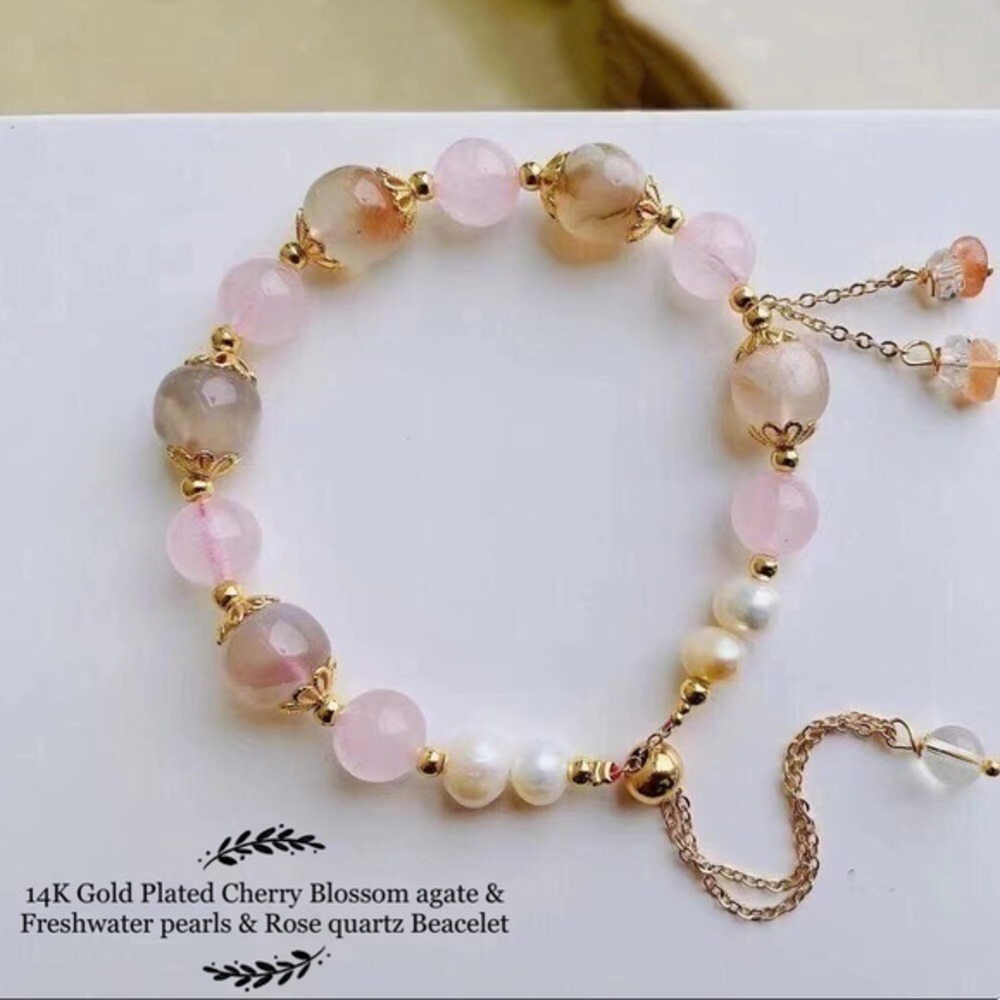 - - - Natural Cherry blossom agate & RoseQuartz Gemstone bracelet